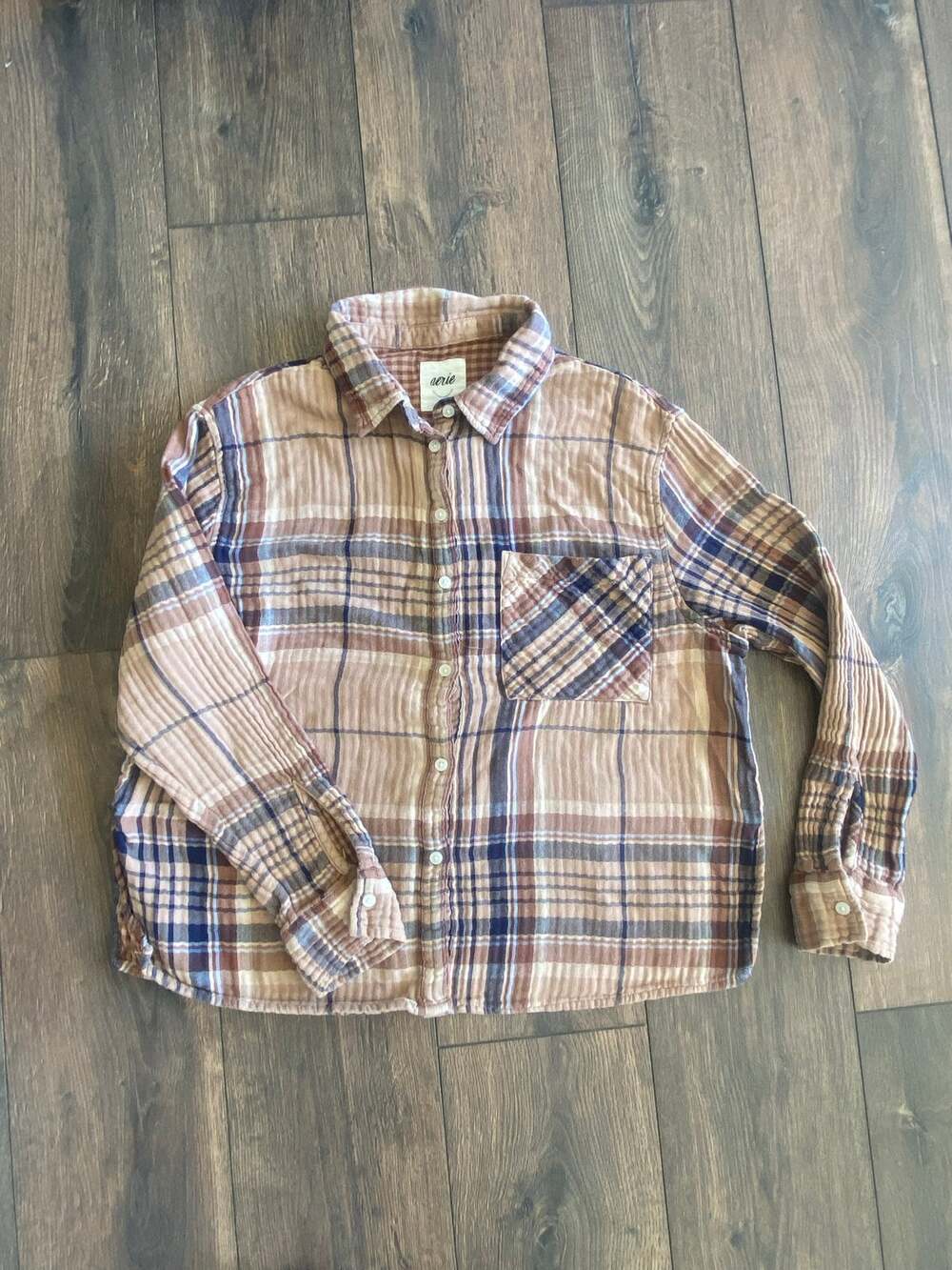 Aerie Women’s Large Plaid Cotton Gauze Button Down Shirt Brown Blue Boho Fall